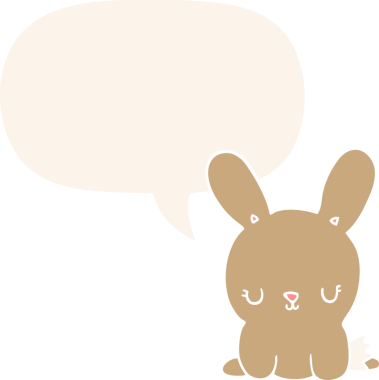 Konuşma baloncuğu olan sevimli çizgi film tavşanı insan tarafından çizilmiş.