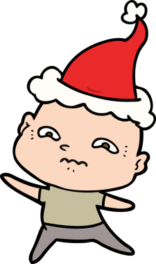 Bir insan tarafından çizilmiş Noel Baba şapkası giyen gergin bir adamın el çizimi.