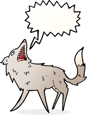 Bir insan tarafından çizilmiş konuşma baloncuğuyla kurt resmi.