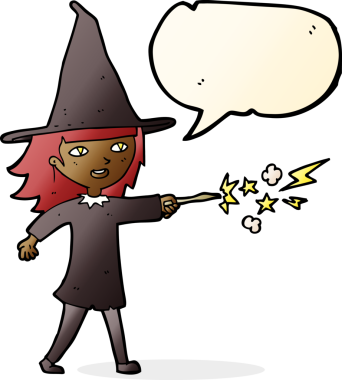 Bir insan tarafından çizilmiş konuşma balonuyla büyülenmiş cadı kız çizgi filmi.