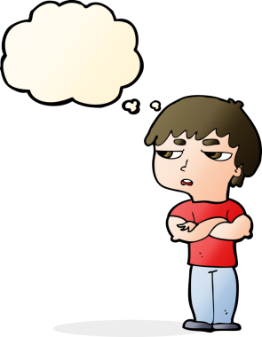 Bir insan tarafından çizilen düşünce baloncuğuyla sinirlenmiş bir çocuk.