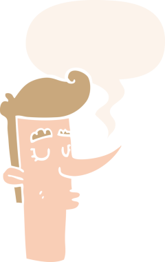 Bir insan tarafından çizilmiş, konuşma baloncuğu olan kibirli bir çizgi film karakteri.