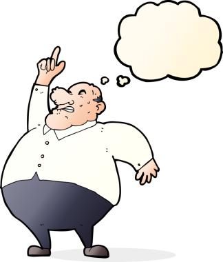 Bir insan tarafından çizilmiş düşünce baloncuğu olan şişman bir patron.