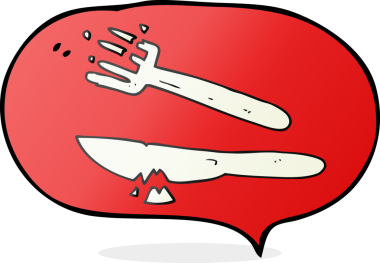 Serbest konuşma balonu karikatürü bir insan tarafından çizilmiş plastik çatal bıçak takımını kırdı