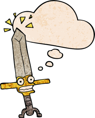 Düşünce baloncuklu sihirli kılıç. Bir insan tarafından çizilmiş grunge desen tarzı.