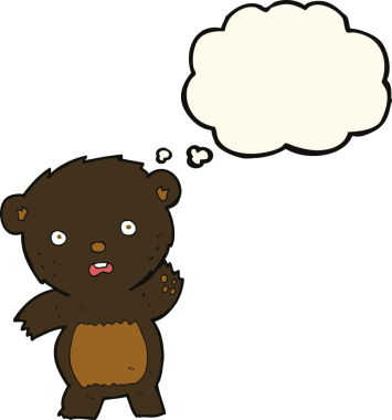 Bir insan tarafından çizilmiş düşünce baloncuğu ile siyah ayı yavrusunu sallayan çizgi film.