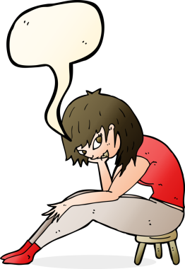 Bir insan tarafından çizilmiş bir konuşma balonuyla küçük bir taburede oturan çizgi film kadını.