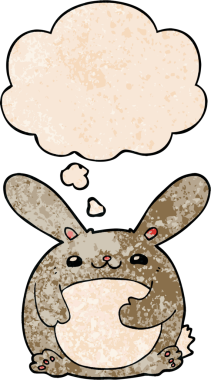 Bir insan tarafından çizilmiş grunge desenli düşünce baloncuklu çizgi film tavşanı.