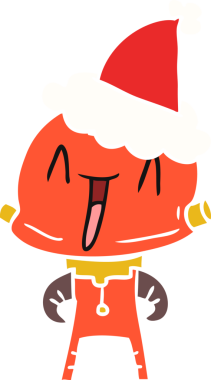 Bir insan tarafından çizilmiş Noel Baba şapkası takan bir robotun düz renkli çizimi