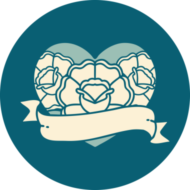 İkonik dövme stili bir kalp ve bir insan tarafından çizilmiş çiçekli pankart.