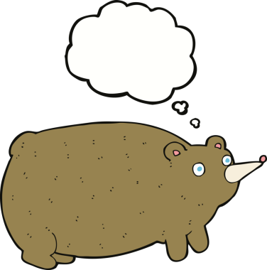 Bir insan tarafından çizilmiş düşünce baloncuklu komik çizgi film ayısı.