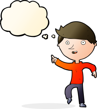 Bir insan tarafından çizilmiş düşünce kabarcığıyla mutlu bir çizgi film.