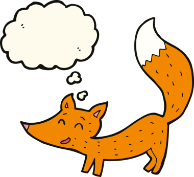 Bir insan tarafından çizilmiş düşünce baloncuklu küçük tilki.