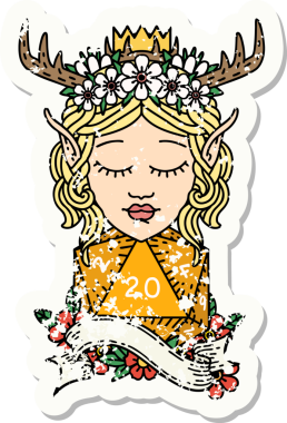 Bir insan tarafından çizilmiş doğal yirmi zarlı elf Druid karakterinin grunge sticker 'ı.