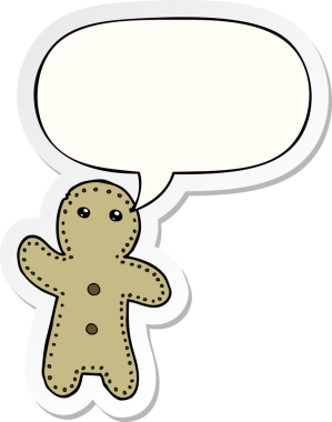 Bir insan tarafından çizilmiş konuşma balonu çıkartmalı zencefilli kurabiye adam.