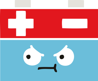 Bir insan tarafından çizilen araba aküsünün düz renkli retro karikatürü