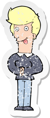 Bir insan tarafından çizilmiş dili dışarı çıkartılan bir karikatürcünün retro sıkıntılı çıkartması.