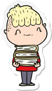 Bir insan tarafından çizilmiş kitapları olan karikatür dostu bir çocuğun çıkartması.