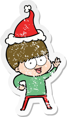 Mutlu el, bir insan tarafından çizilmiş Noel Baba şapkası takan bir çocuğun kederli çıkartması.