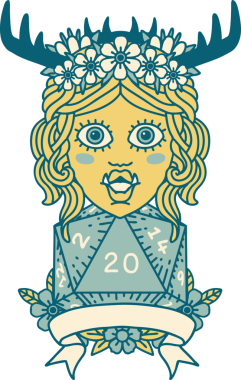 Retro Dövme Biçimli Ork karakteri bir insan tarafından çizilmiş 20 zar ile