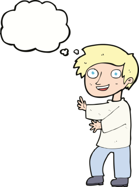 Bir insan tarafından çizilmiş düşünce baloncuğu olan heyecanlı çocuk.