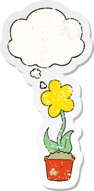 Düşünce baloncuğu olan sevimli bir karikatür çiçeği insan tarafından çizilmiş yıpranmış bir çıkartma gibi.