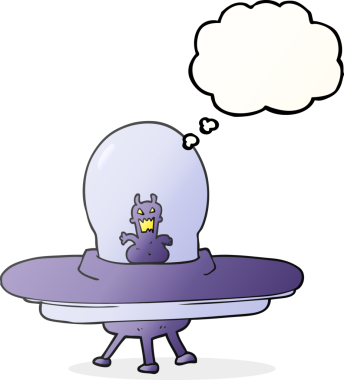 Bir insan tarafından çizilmiş serbest çizim düşünce balonu uzaylı uzay gemisi.