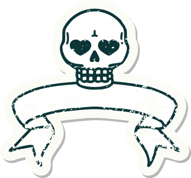 Bir insan tarafından çizilmiş kafatasının pankartıyla eski bir etiket.