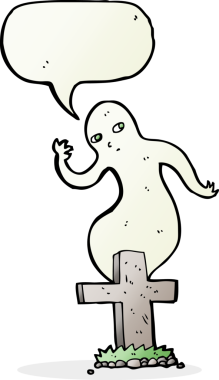 Bir insan tarafından çizilmiş konuşma balonuyla mezardan yükselen karikatür hayaleti.