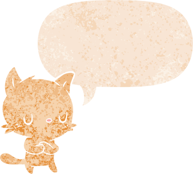 grunge 'da konuşma balonu olan çizgi film kedisi bir insan tarafından çizilmiş dertli retro desenli