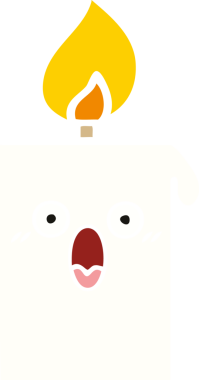 Bir insan tarafından çizilmiş yanan bir mumun düz renkli retro karikatürü