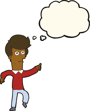 Bir insan tarafından çizilen düşünce baloncuğuyla işaret eden çizgi film adamı.