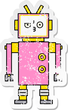 Bir insan tarafından çizilmiş sevimli bir robot çizgi film çıkartması.