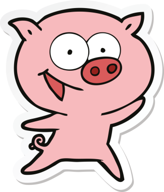 Bir insan tarafından çizilmiş neşeli bir domuz çizgi filminin çıkartması.