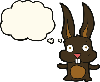 Bir insan tarafından çizilmiş düşünce kabarcığı olan çizgi film tavşanı.