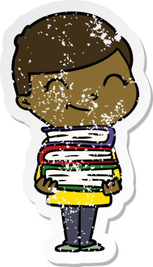 Bir insan tarafından çizilmiş kitapları olan karikatürcü bir çocuğun sıkıntılı çıkartması.