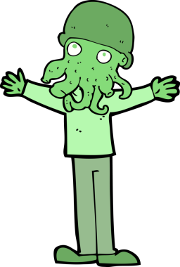 Bir insan tarafından çizilmiş uzaylı mürekkep balığı suratlı adam.