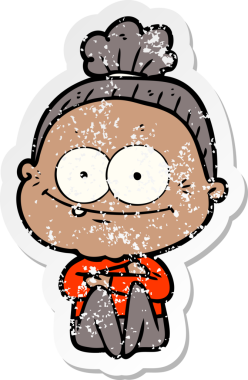 Bir insan tarafından çizilmiş mutlu, yaşlı bir kadının sıkıntılı çıkartması.