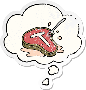 Düşünce baloncuklu çizgi film bifteği insan tarafından çizilmiş yıpranmış bir çıkartma gibi.