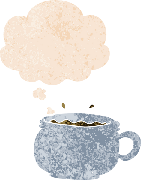 Düşünce baloncuklu karikatür sıcak kahve grunge sıkıntılı retro dokuma tarzı bir insan tarafından çizilmiş