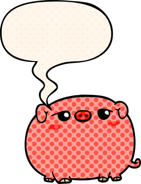 Bir insan tarafından çizilmiş çizgi roman tarzında konuşma balonu olan şirin bir domuz.