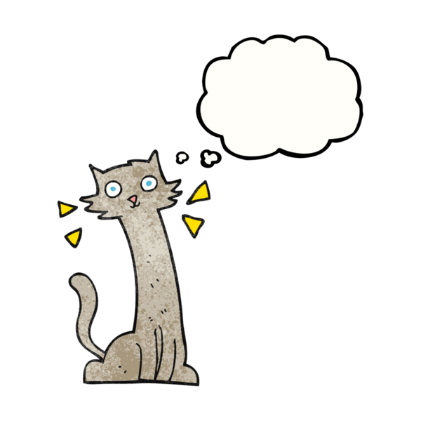Bir insan tarafından çizilmiş serbest çizim düşünce kabarcığı desenli çizgi film kedisi