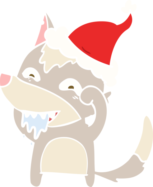 Bir insan tarafından çizilmiş Noel Baba şapkası takan aç bir kurdun düz renkli çizimi.
