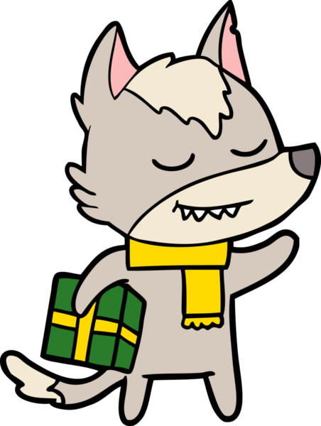 Bir insan tarafından çizilmiş Noel hediyesini taşıyan dost canlısı çizgi film kurdu.