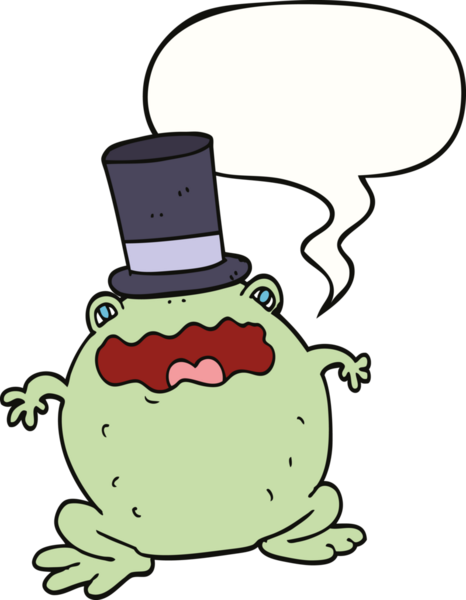 Bir insan tarafından çizilmiş konuşma baloncuklu silindir şapkalı çizgi film karakurbağası.