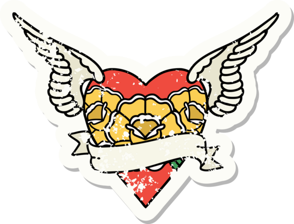 Geleneksel kalp stili dövmeli, kanatlı, çiçekli ve bir insan tarafından çizilmiş dövmeli.