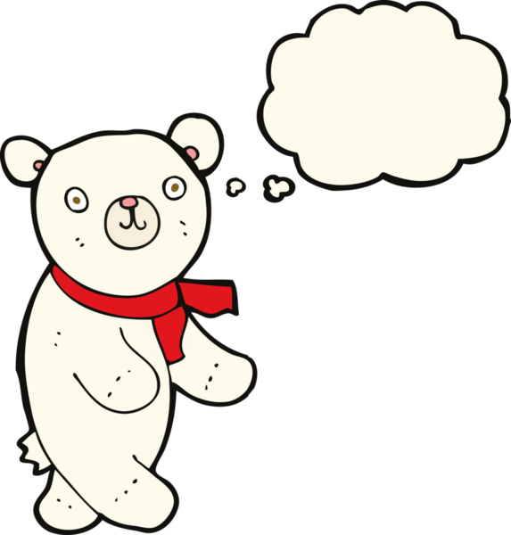 Bir insan tarafından çizilmiş düşünce baloncuklu şirin kutup ayısı.