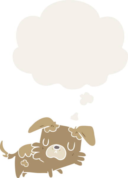 Düşünce baloncuğu olan bir insan tarafından çizilmiş çizgi film köpeği.