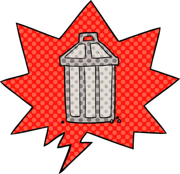 Bir insan tarafından çizilmiş çizgi roman tarzında konuşma balonu olan eski metal çöp tenekesi.