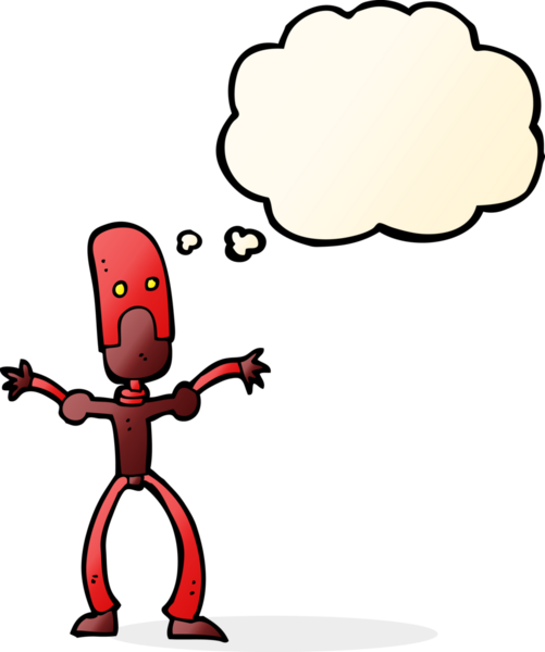 Bir insan tarafından çizilmiş düşünce baloncuklu komik robot.